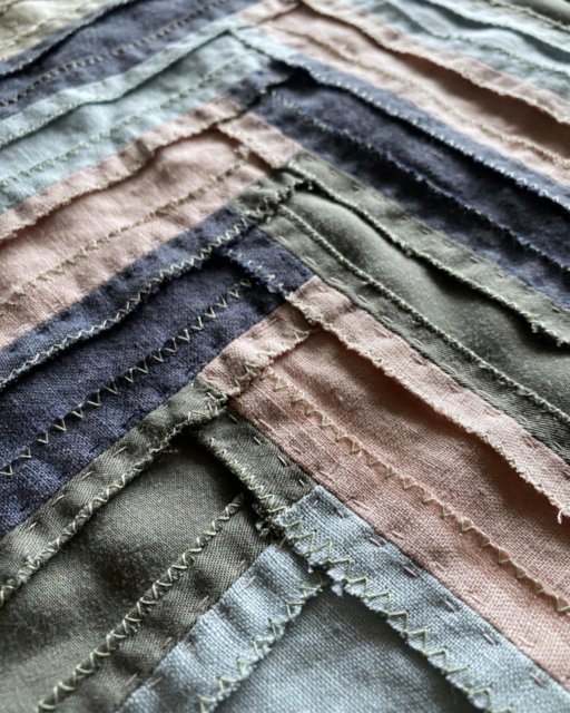 back of patchwork in rose lightblue darkblue and olive: details