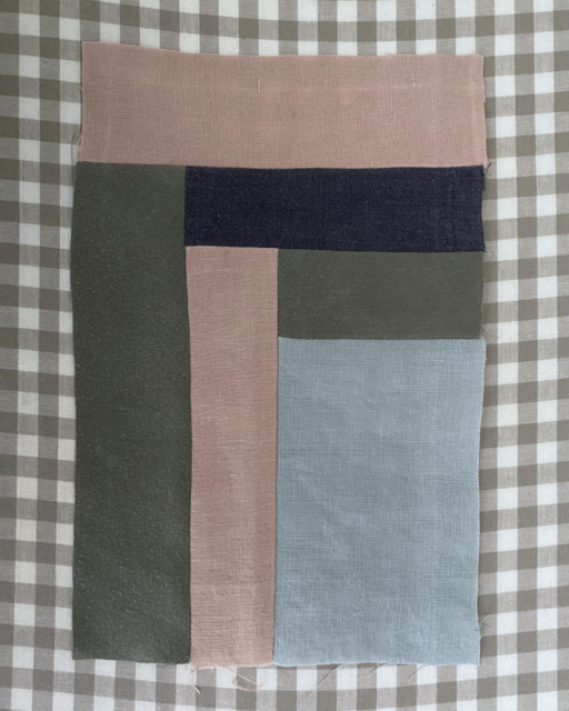 beginning of patchwork cover in rose lightblue darkblue and olive