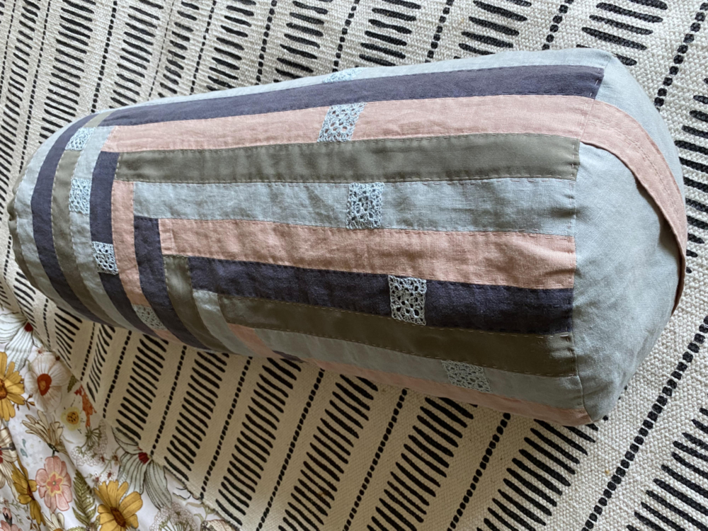 patchwork cover for yoga bolster in rose lightblue darkblue and olive with mini grannies