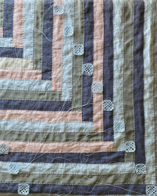 patchwork cover for yoga bolster in rose lightblue darkblue and olive with mini grannies