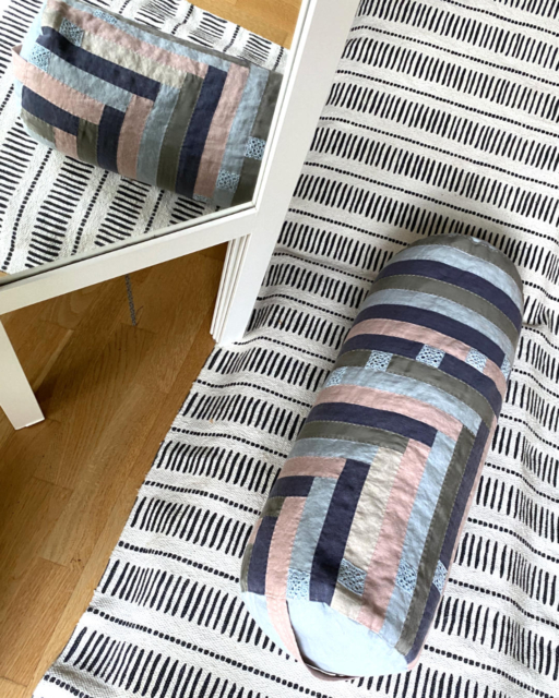 patchwork cover for yoga bolster in rose lightblue darkblue and olive with mini grannies mirrored