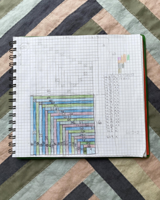 pattern for patchwork cover in rose lightblue darkblue and olive with mini grannies