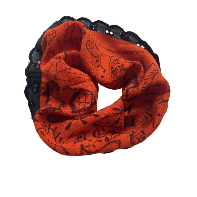 orange scrunchie with black elefant print