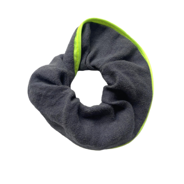 greyblue linen scrunchie twisted with neonyellow border