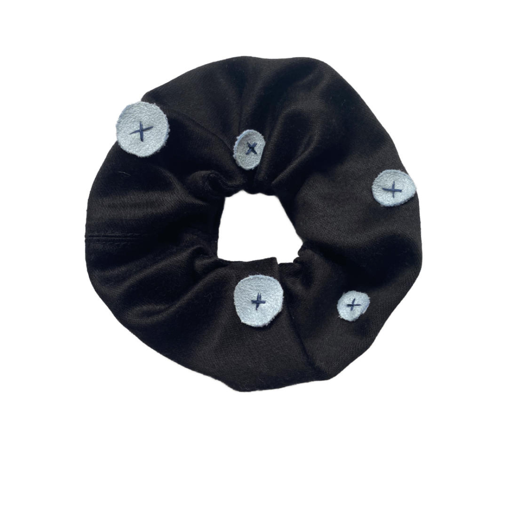 black scrunchie with lightblue suede dots