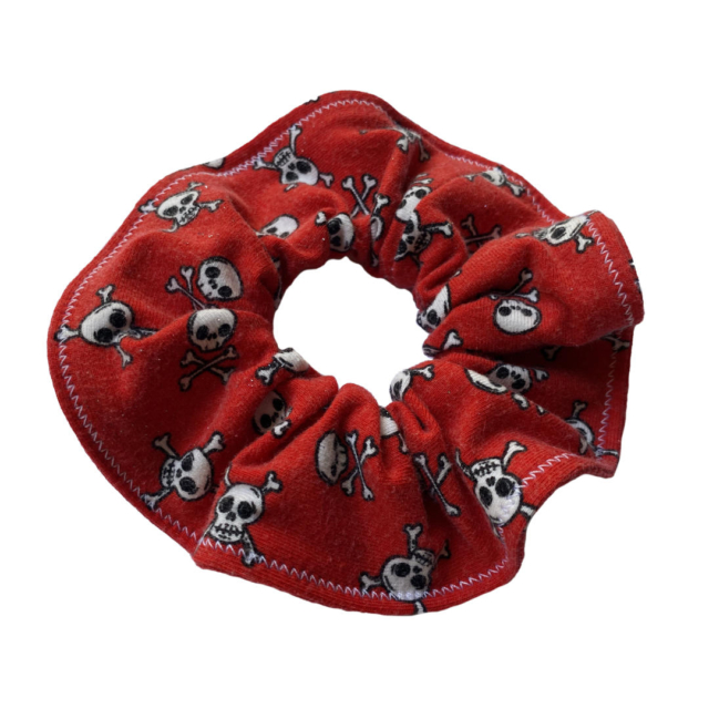red jersey scrunchie with white/black skulls