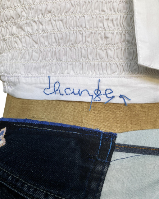 detail of embroidered change on white top