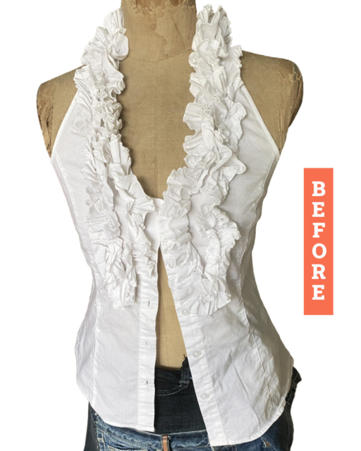 white ruffled top before refashioning