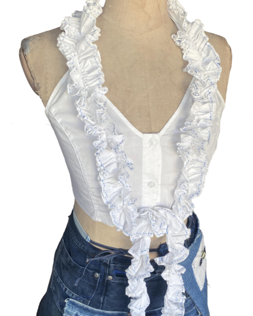 white crop top with embroidered tied ruffles